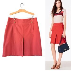 Tory Burch Thea Canyon Cotton Pleated A-Line Skirt Size 10 Orange Stretch Twill